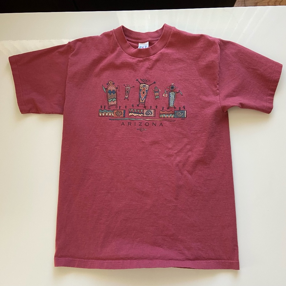 Vintage 90s Arizona T-Shirt Mens Large Burgundy Tribal Aztec Art State Tee USA